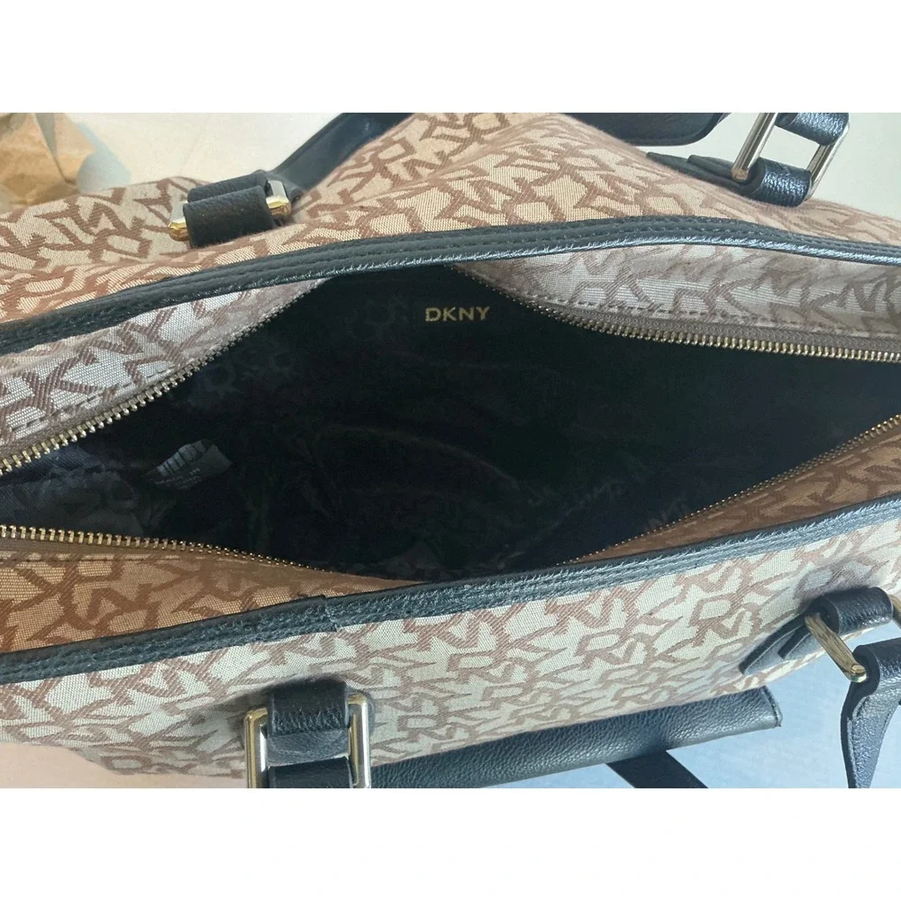 DKNY Tote Bag Monogram Logo Canvas Black Leather Trim Large Shoulder Bag Handbag